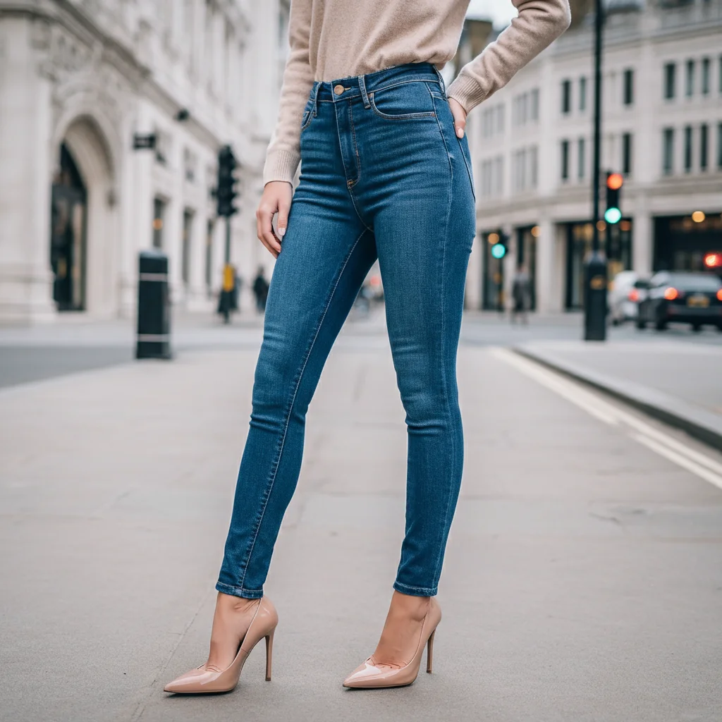 High-waisted skinny Jeans with Nude Stilettos