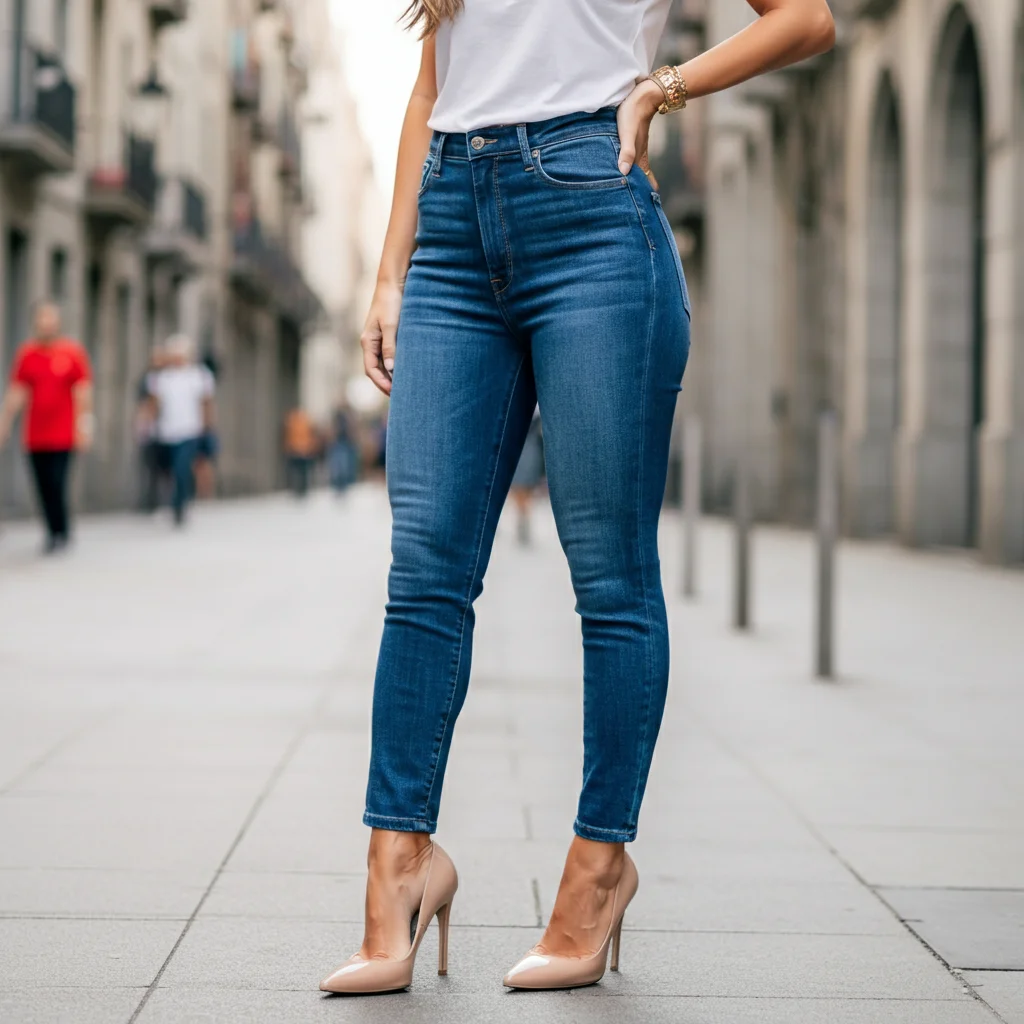 High-waisted skinny Jeans with Nude Stilettos