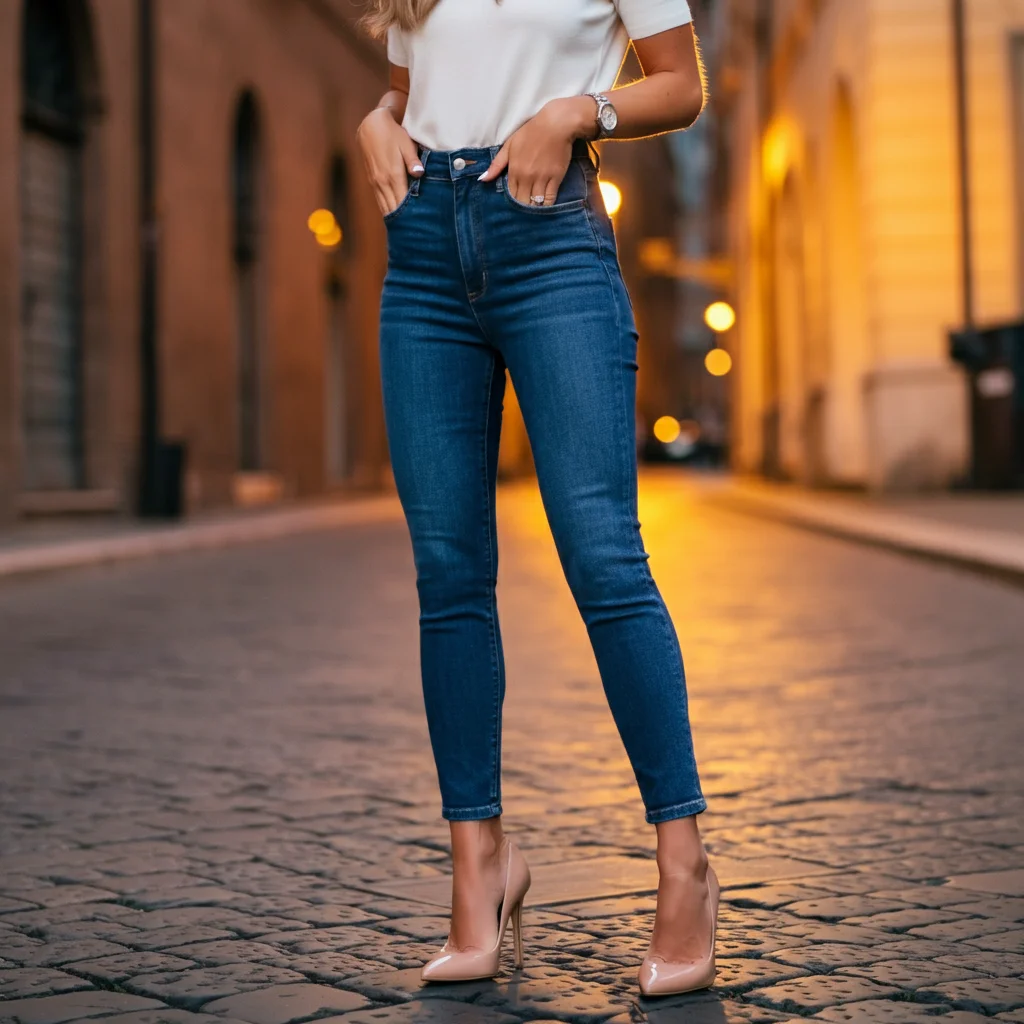 High-waisted skinny Jeans with Nude Stilettos