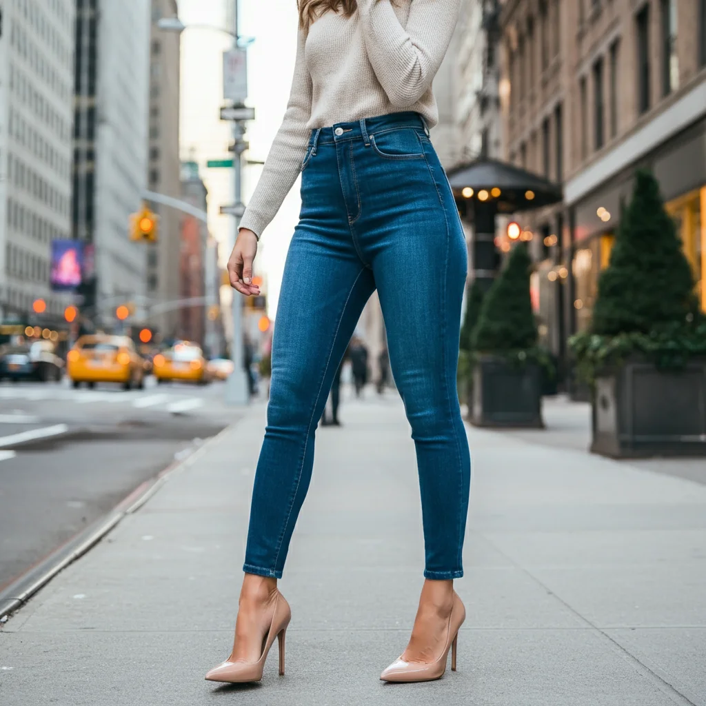High-waisted skinny Jeans and Nude Stilettos