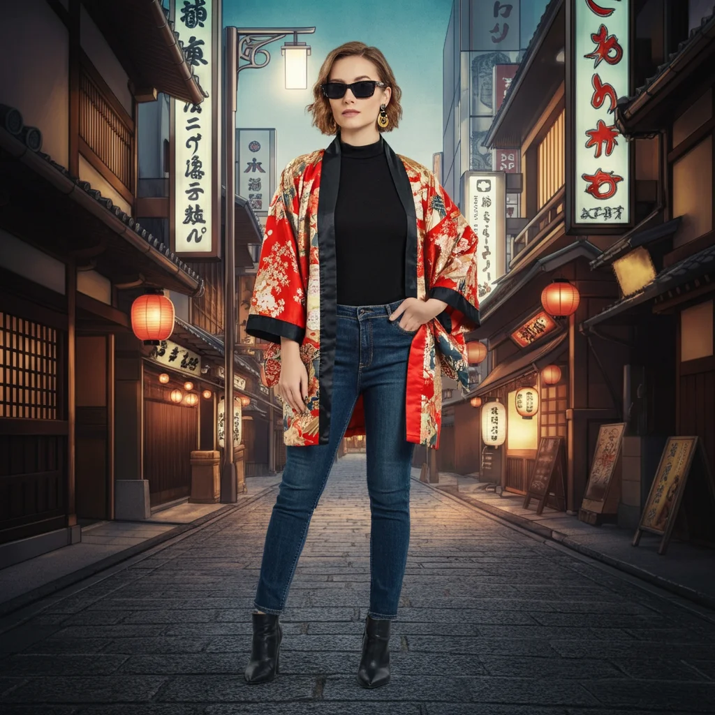 Kimono-inspired jacket with Skinny Jeans