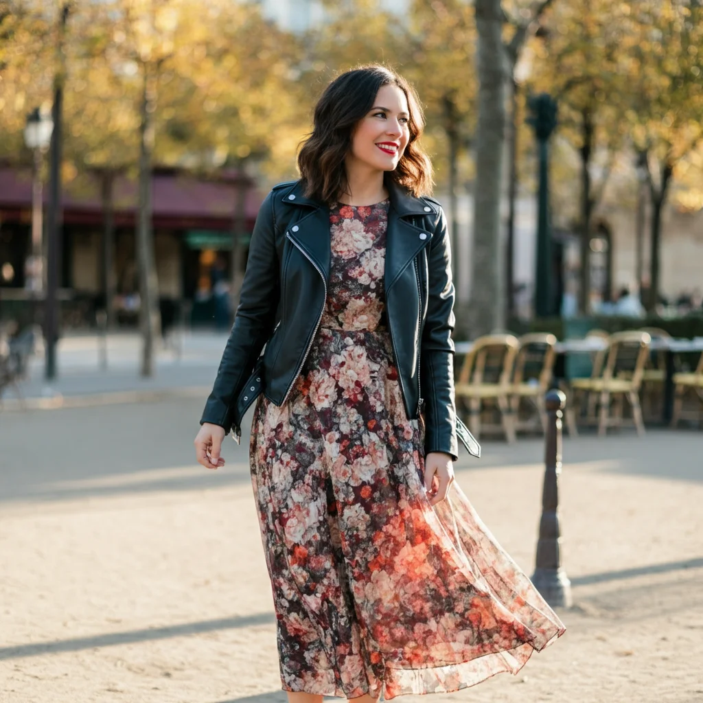 Leather Jacket with Floral Dress