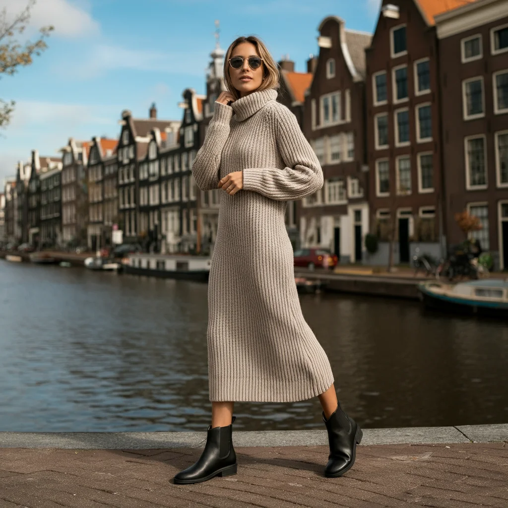 Long Knit Dress with Flat Leather Boots