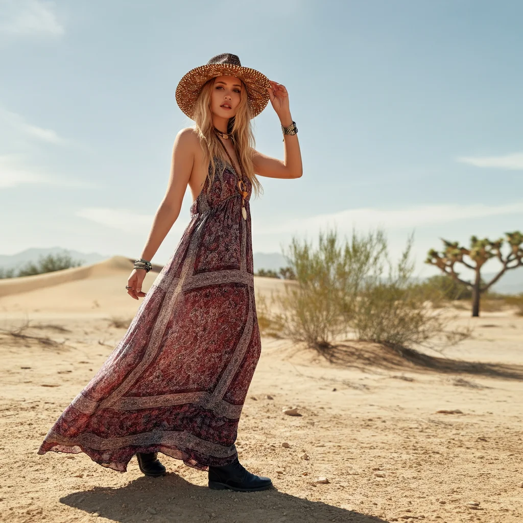 Maxi Dress with a Wide-Brim Hat