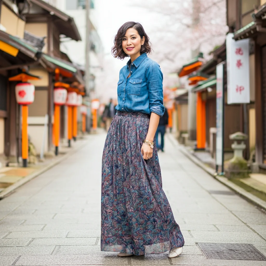 Maxi Skirt with a Tucked-In Chambray Shirt