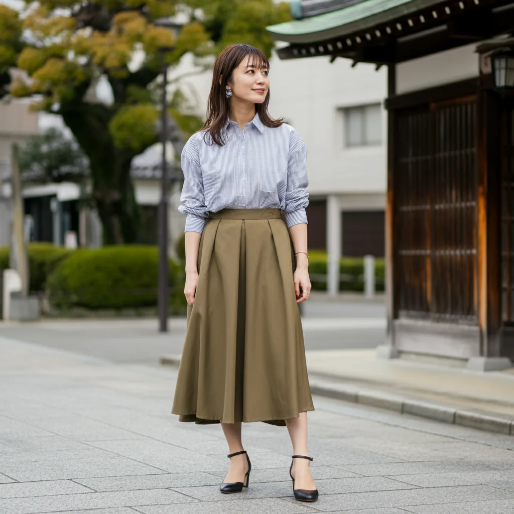 Midi Skirt with a Button-Down Shirt