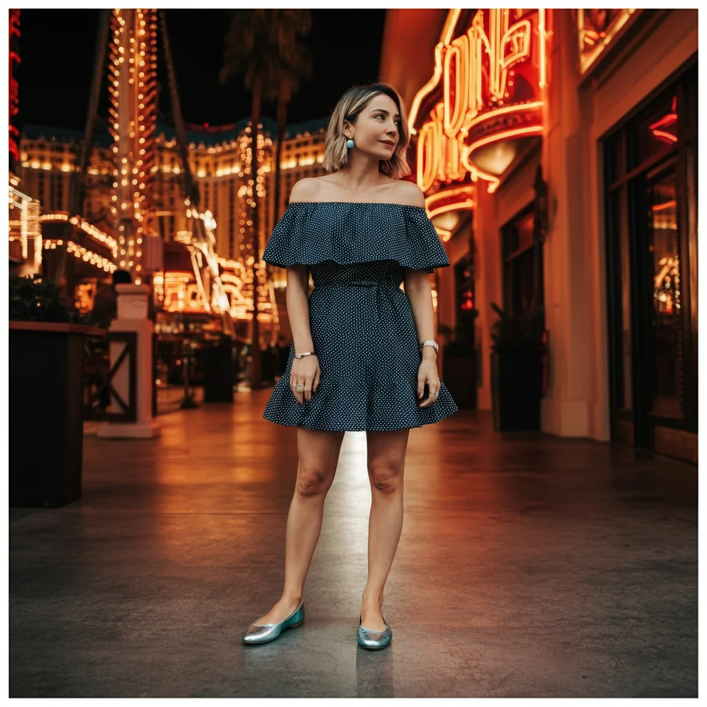 Off-Shoulder Dress with Metallic Flats