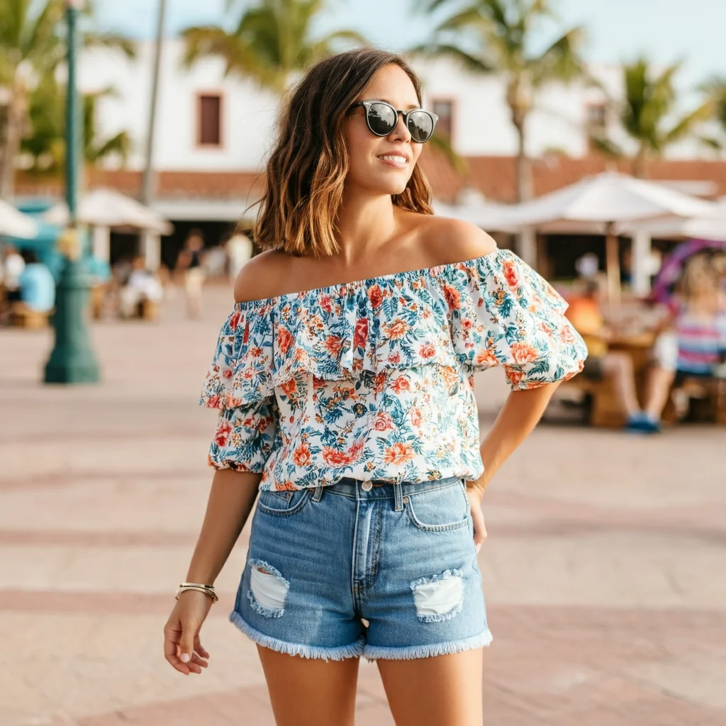 Off-Shoulder Top and Denim Shorts