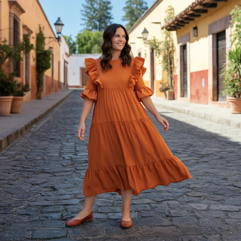 Ruffle Sleeves Dress with Flats
