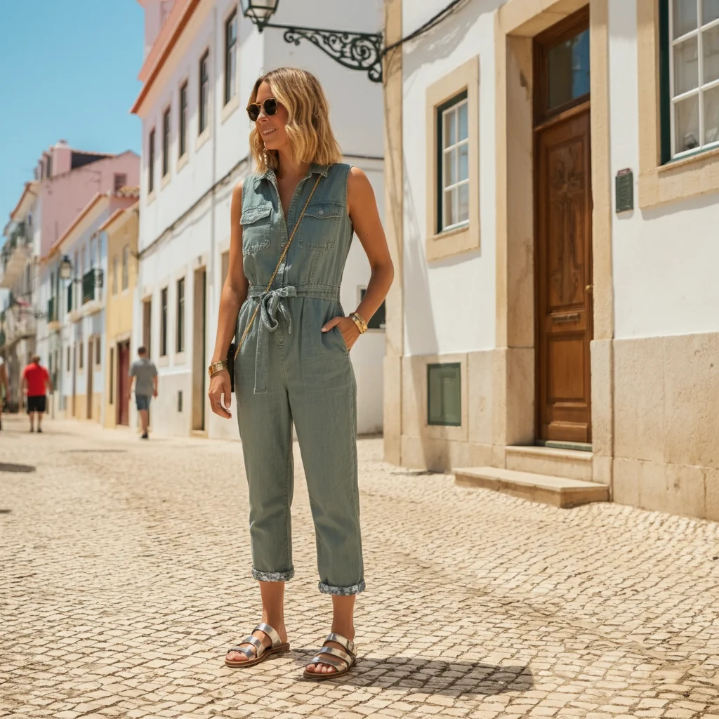 Sleeveless Jumpsuit with Metallic Sandals