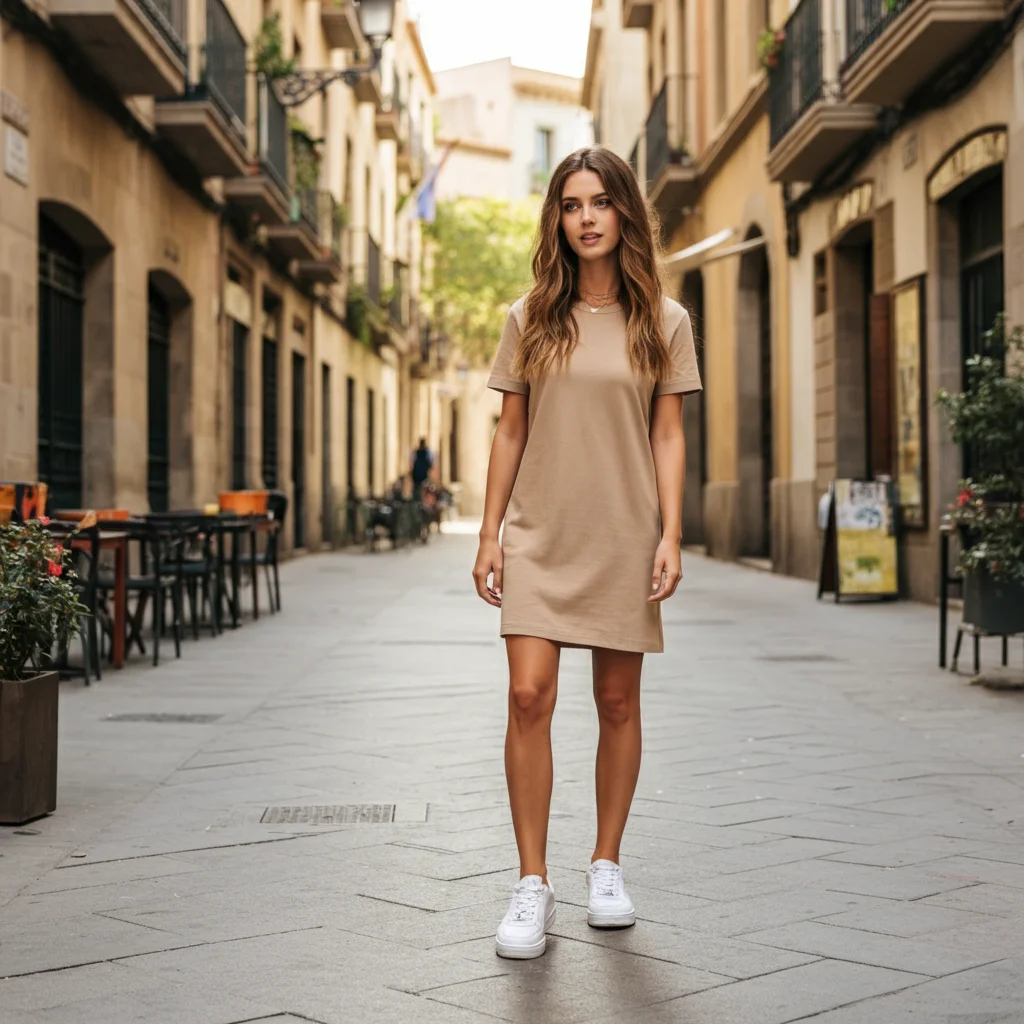 T-Shirt Dress with White Sneakers