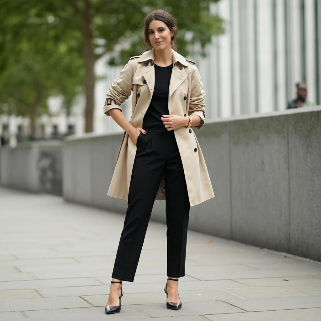 Trench Coat with Black Cigarette Pants