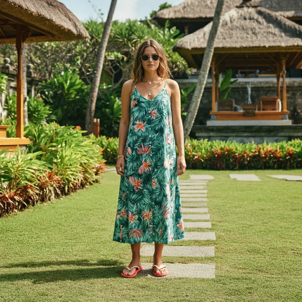 Tropical Print Dress with Flip-Flops