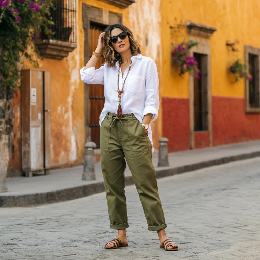 White Linen Shirt and Khaki Pants