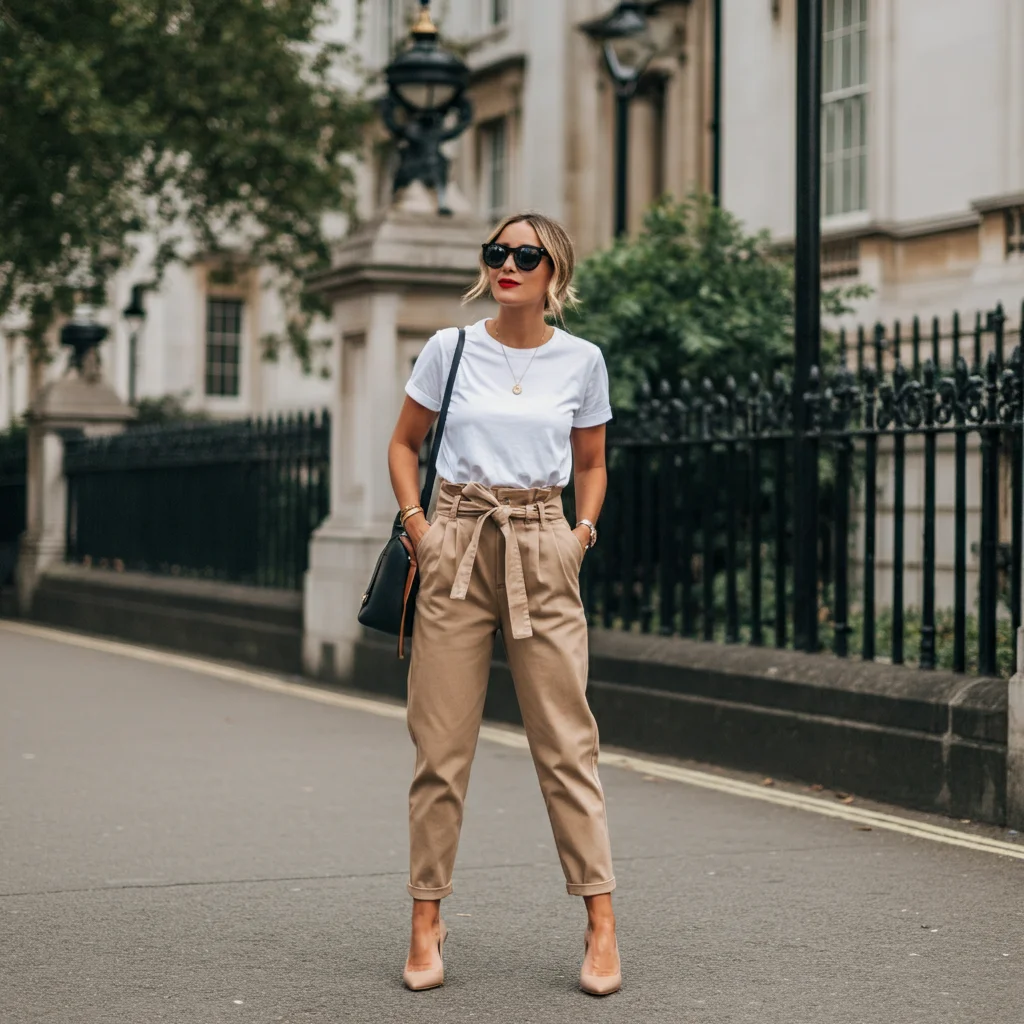 White T-shirt with Paperbag Trousers