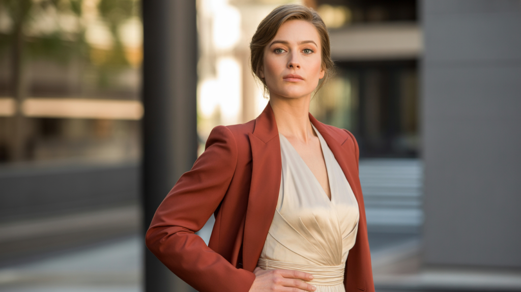 Brick Red Blazer and Cream Colored Dress