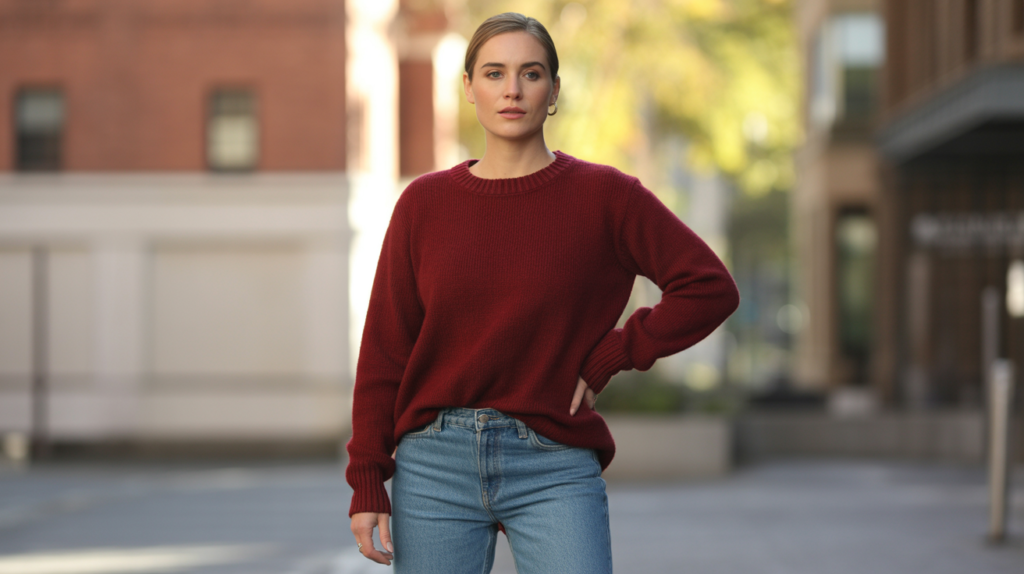 Burgundy Sweater with Light Blue Jeans