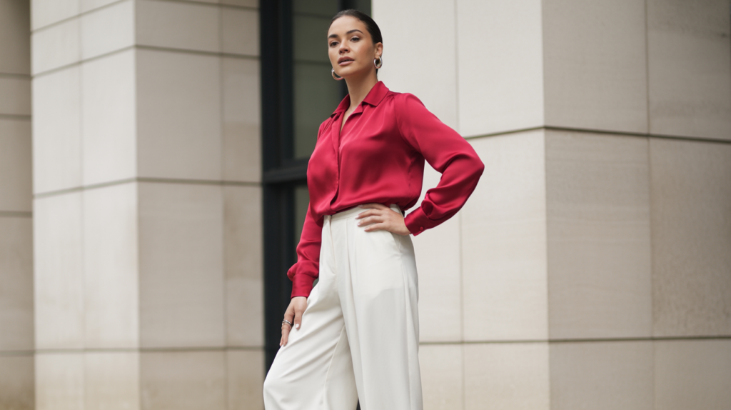 Cherry Red Top and White Wide-Leg Pants