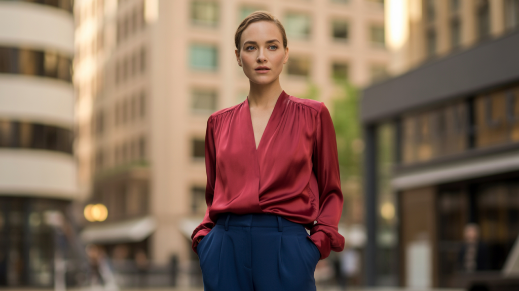 Crimson Blouse with Navy Blue Trousers