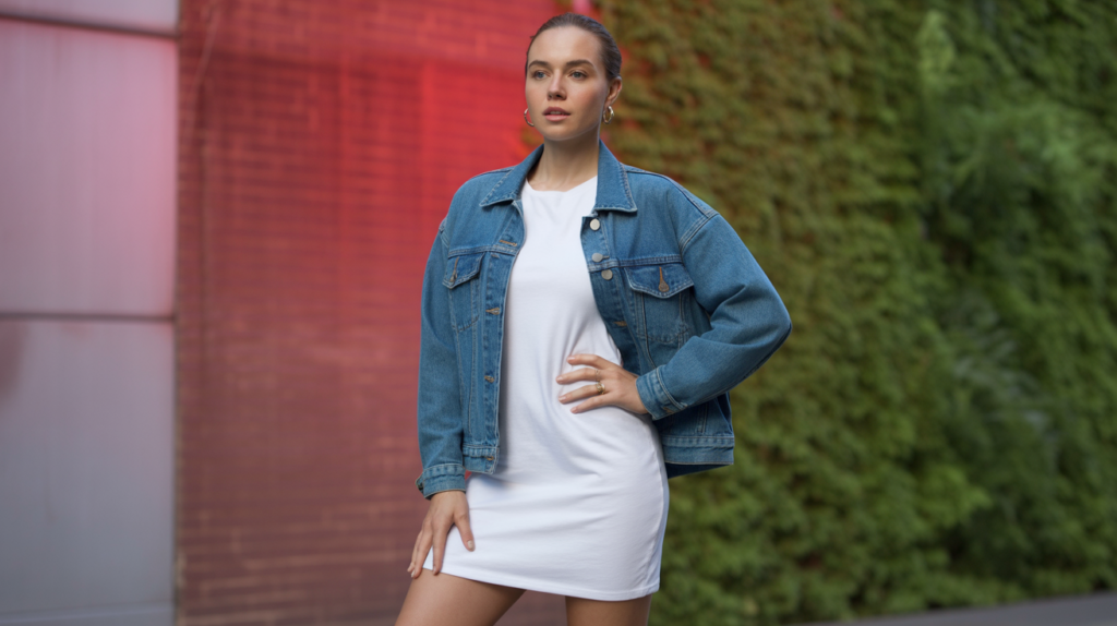 Denim Jacket and White T-Shirt Dress