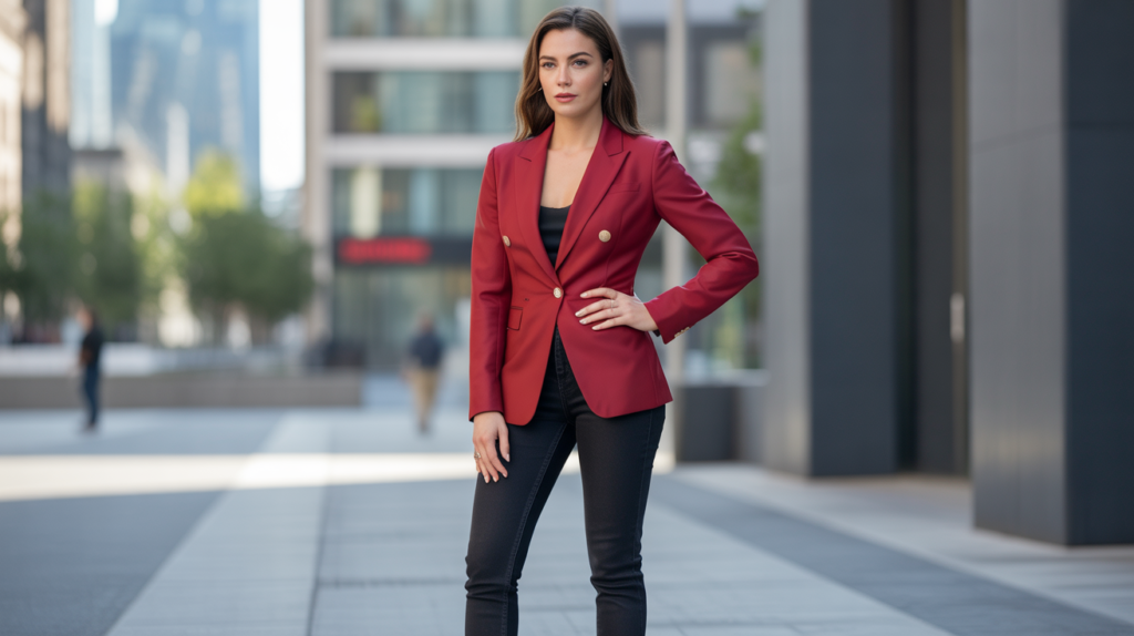Red Blazer and Black Skinny Jeans