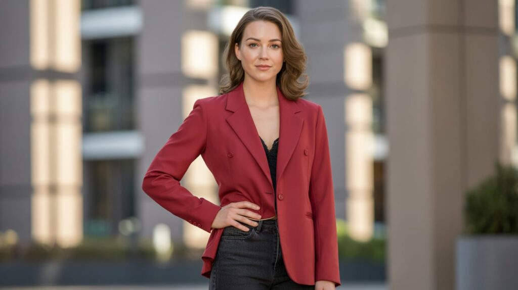 Red Blazer and Dark Wash Jeans