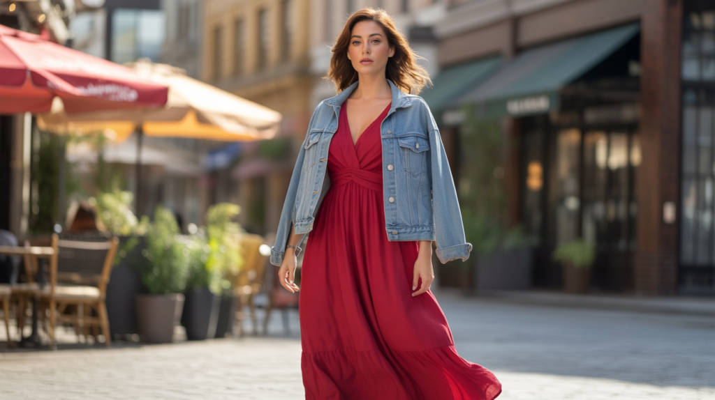 Red Maxi Dress and Denim Jacket