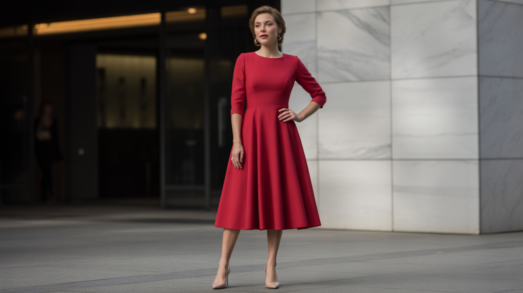 Red Midi Dress and Nude Heels