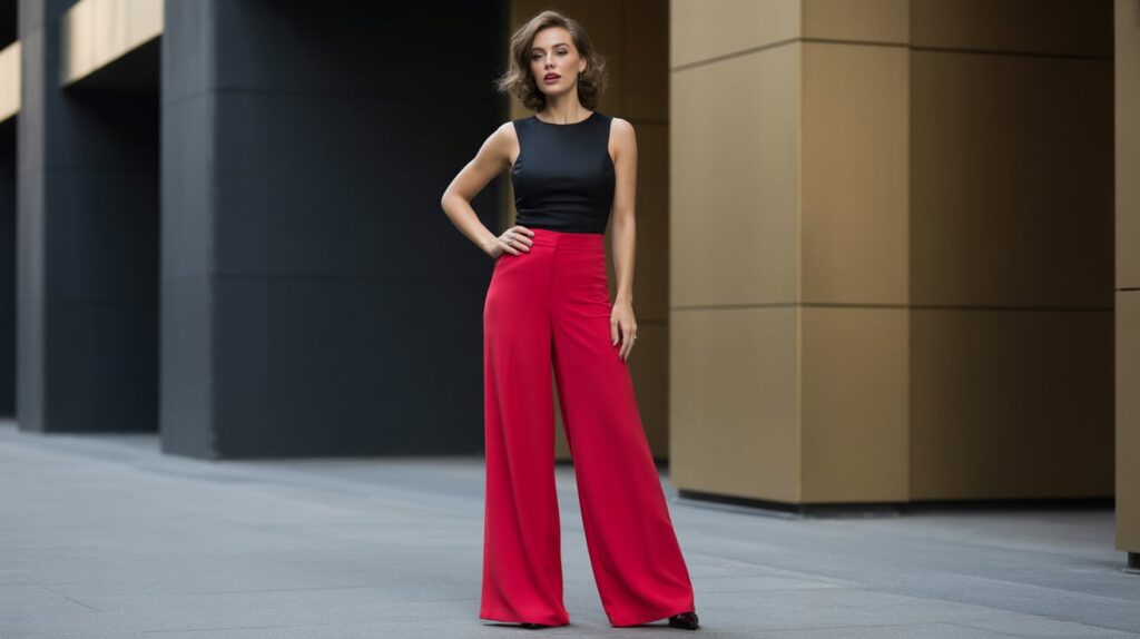Red Palazzo Pants and Black Fitted Top