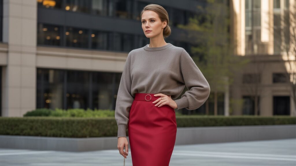 Red Pencil Skirt and Grey Cashmere Sweater