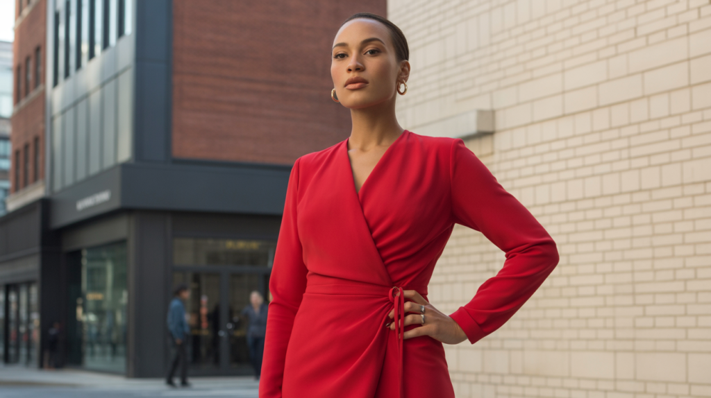 Red Wrap Dress and Black Ankle Boots