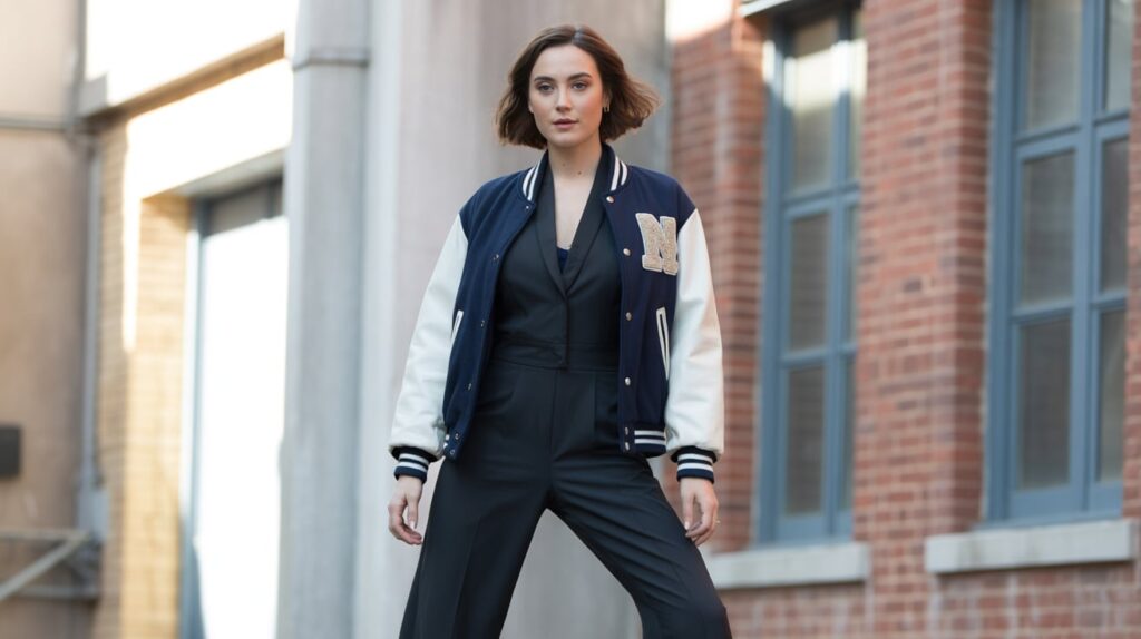 A Jumpsuit with Varsity Jacket