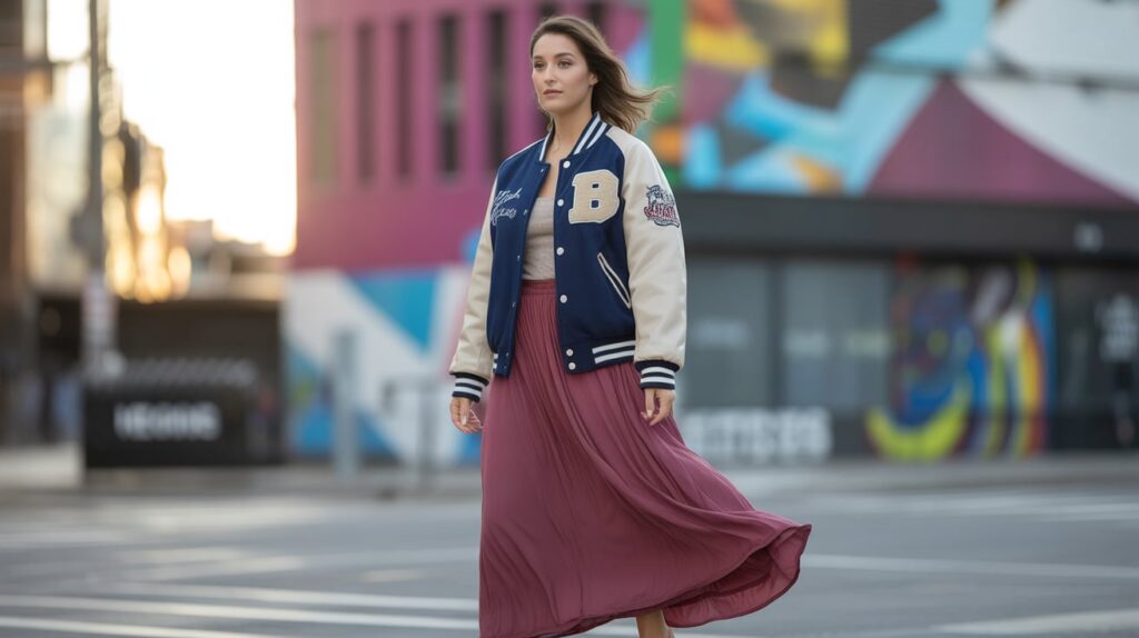 A Maxi Skirt with Varsity Jacket