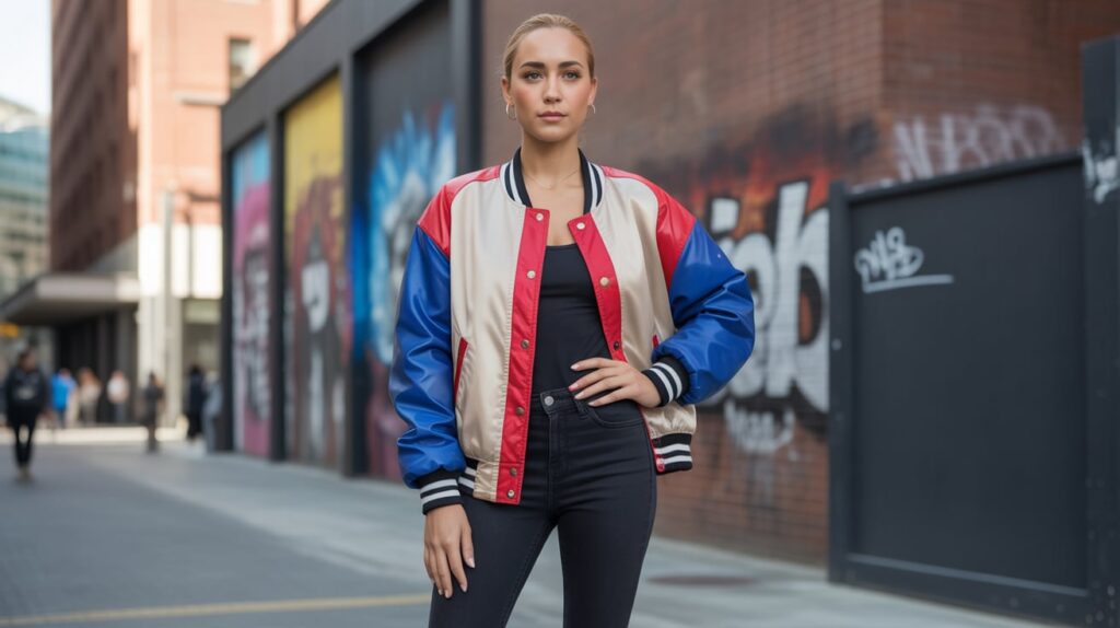 All-Black Outfit with a Colorful Jacket