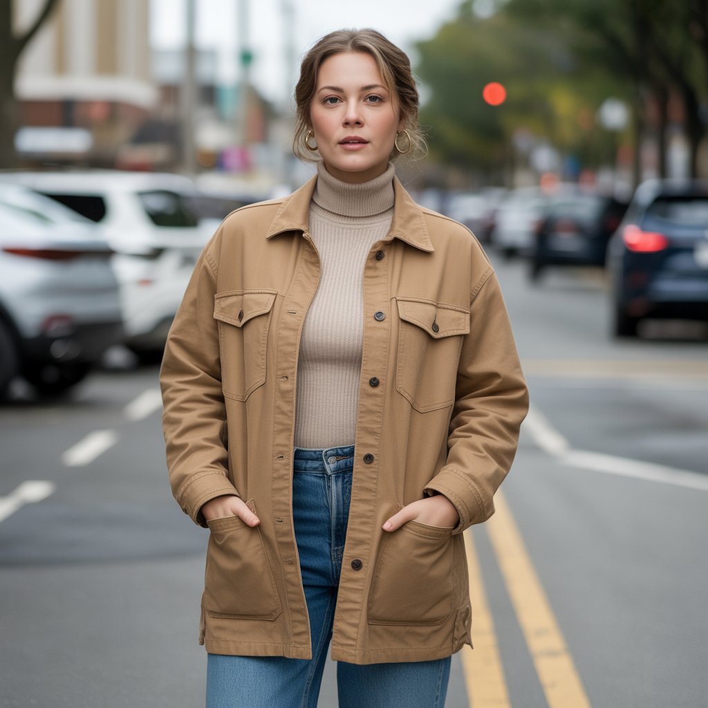 Barn Jacket Over a Turtleneck and Jeans