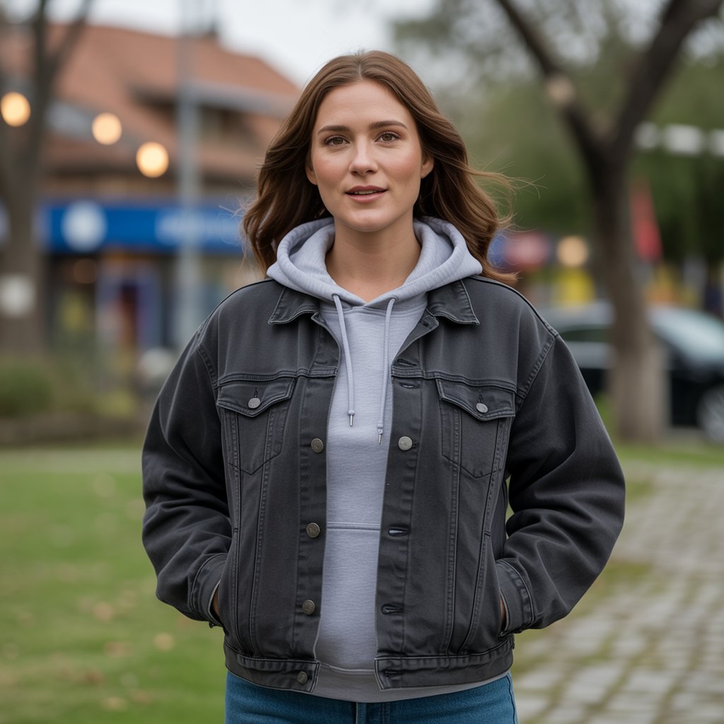 Black Denim Jacket Over a Hoodie