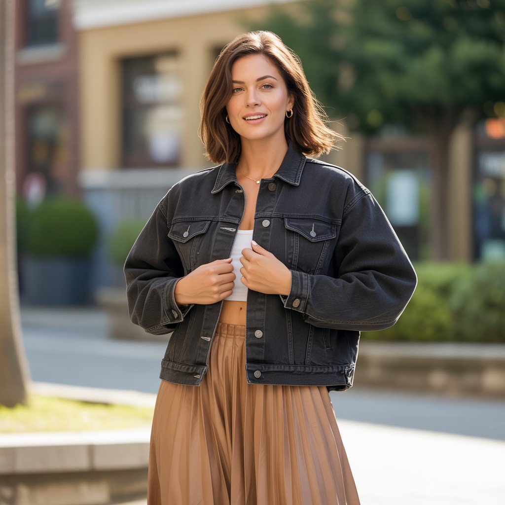 Black Denim Jacket and Midi Skirt