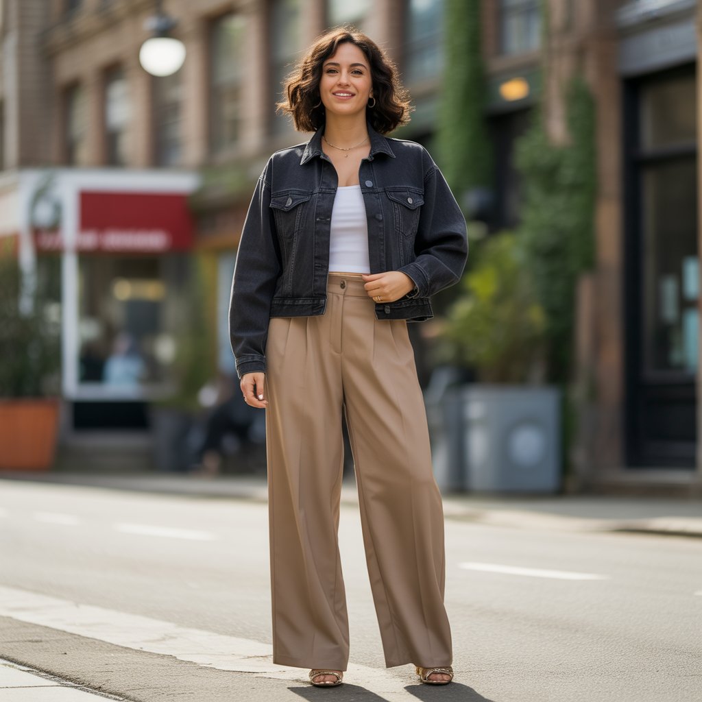 Black Denim Jacket and Wide-Leg Trousers