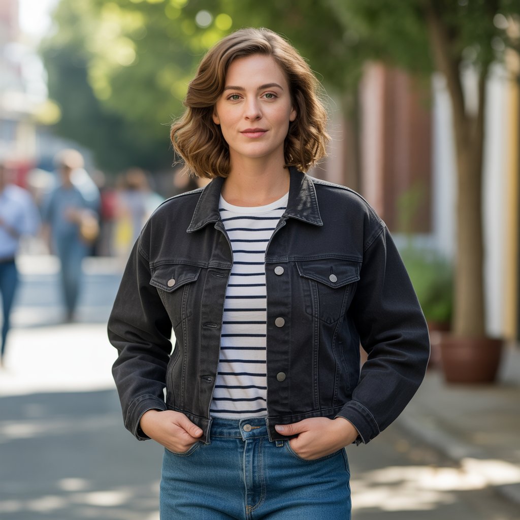 Black Denim Jacket and a Striped Shirt