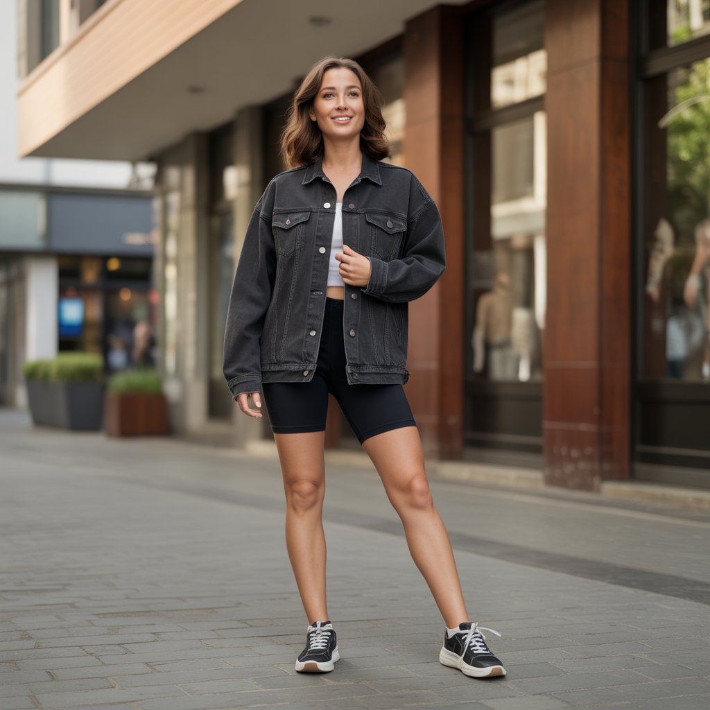 Black Denim Jacket with Bike Shorts and Sneakers