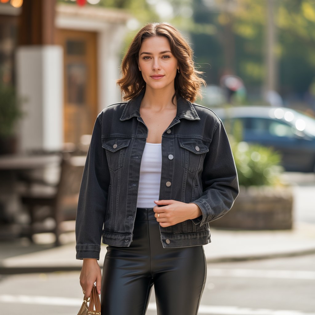 Black Denim Jacket with Leather Leggings