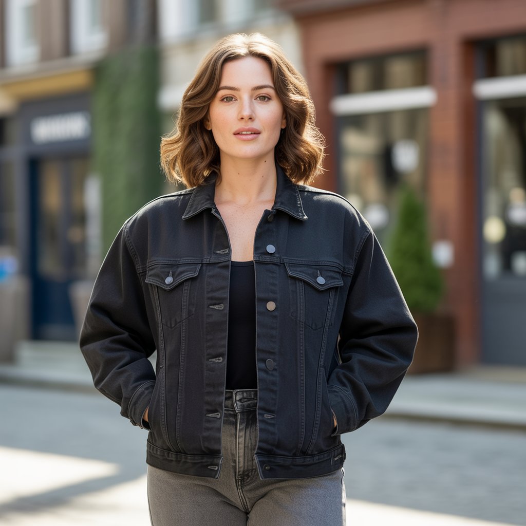 Black Denim Jacket with Monochrome Outfit