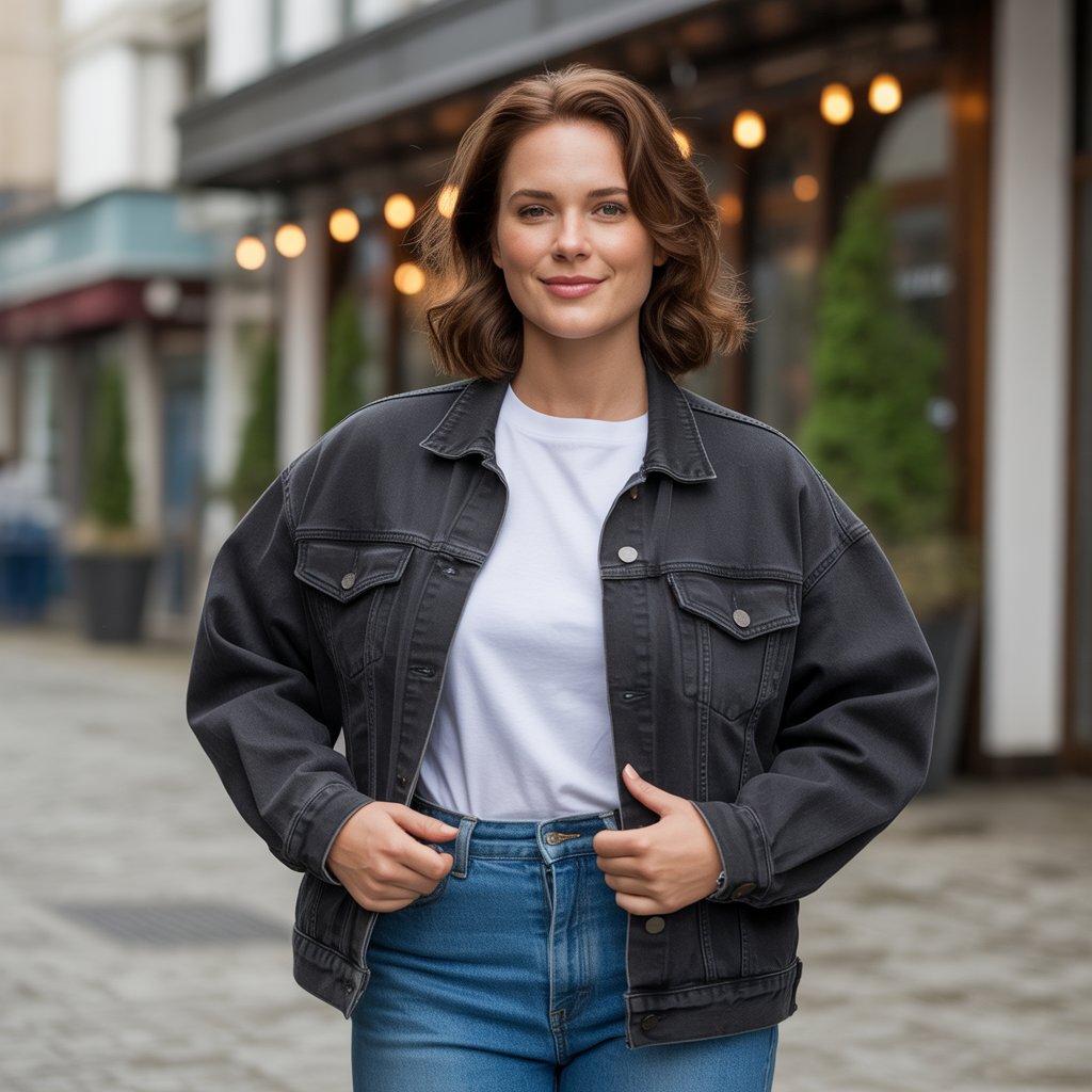 Black Denim Jacket with White T-Shirt and Blue Jeans
