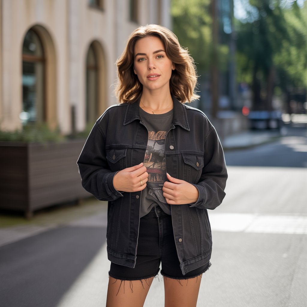 Black Denim Jacket with a Graphic Tee and Shorts
