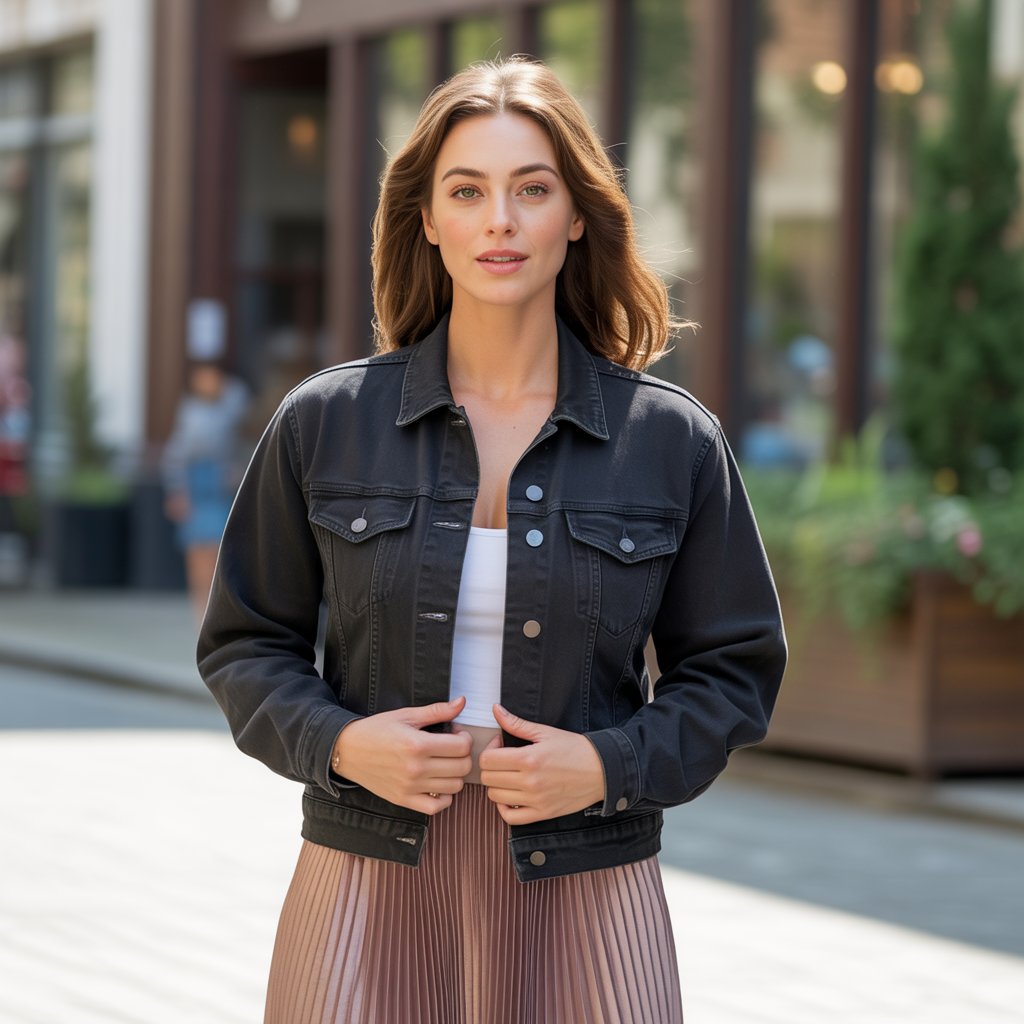 Black Denim Jacket with a Pleated Skirt