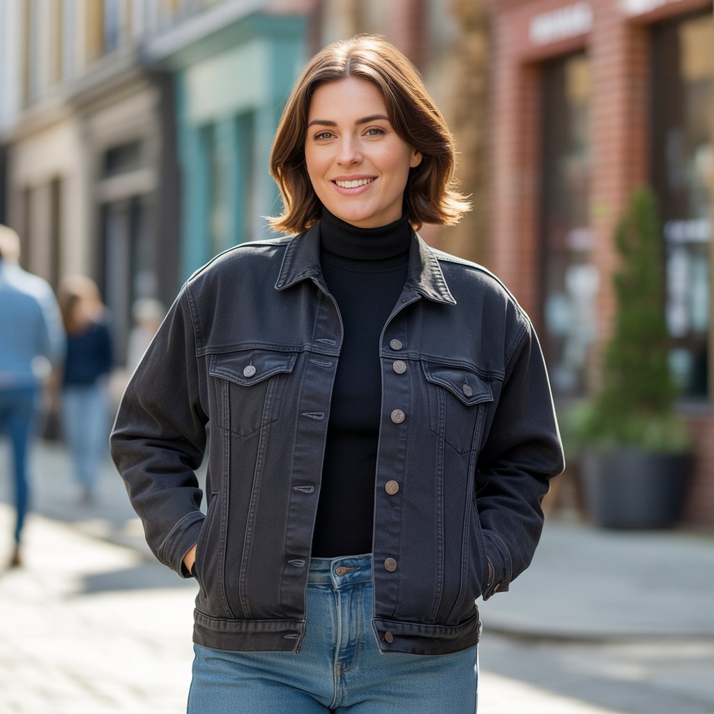 Black Denim Jacket with a Turtleneck and Jeans
