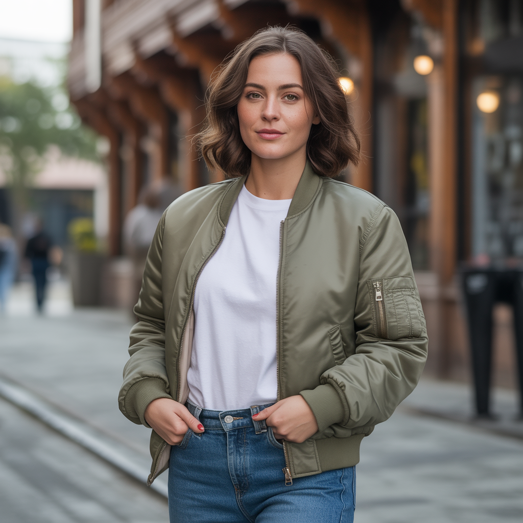 Bomber Jacket and White Tee with Jeans