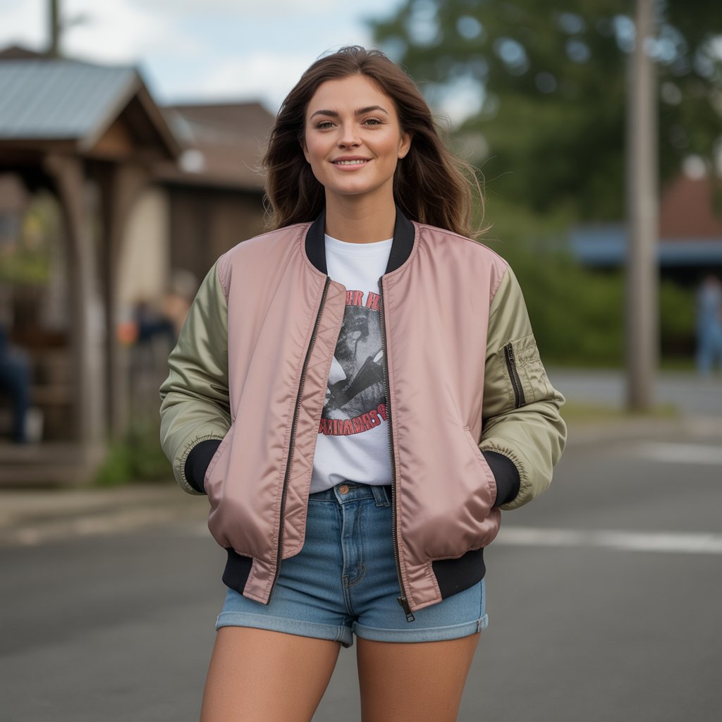 Bomber Jacket with a Graphic Tee and Shorts