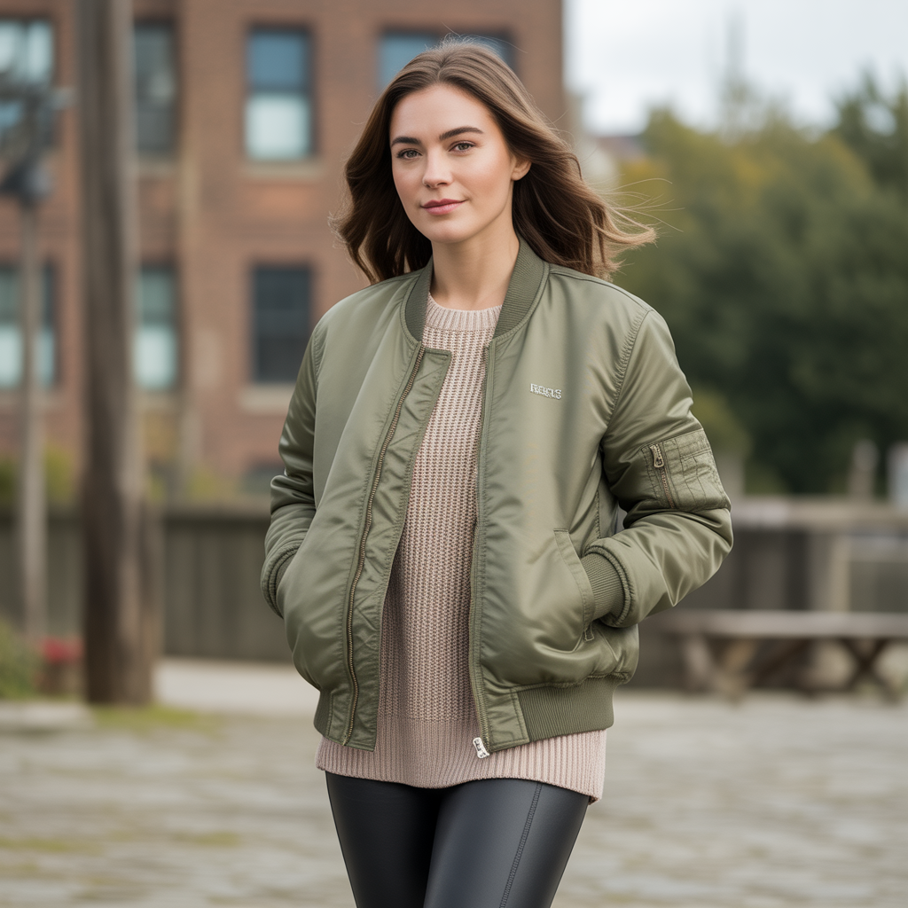 Bomber Jacket with a Knit Sweater and Leggings
