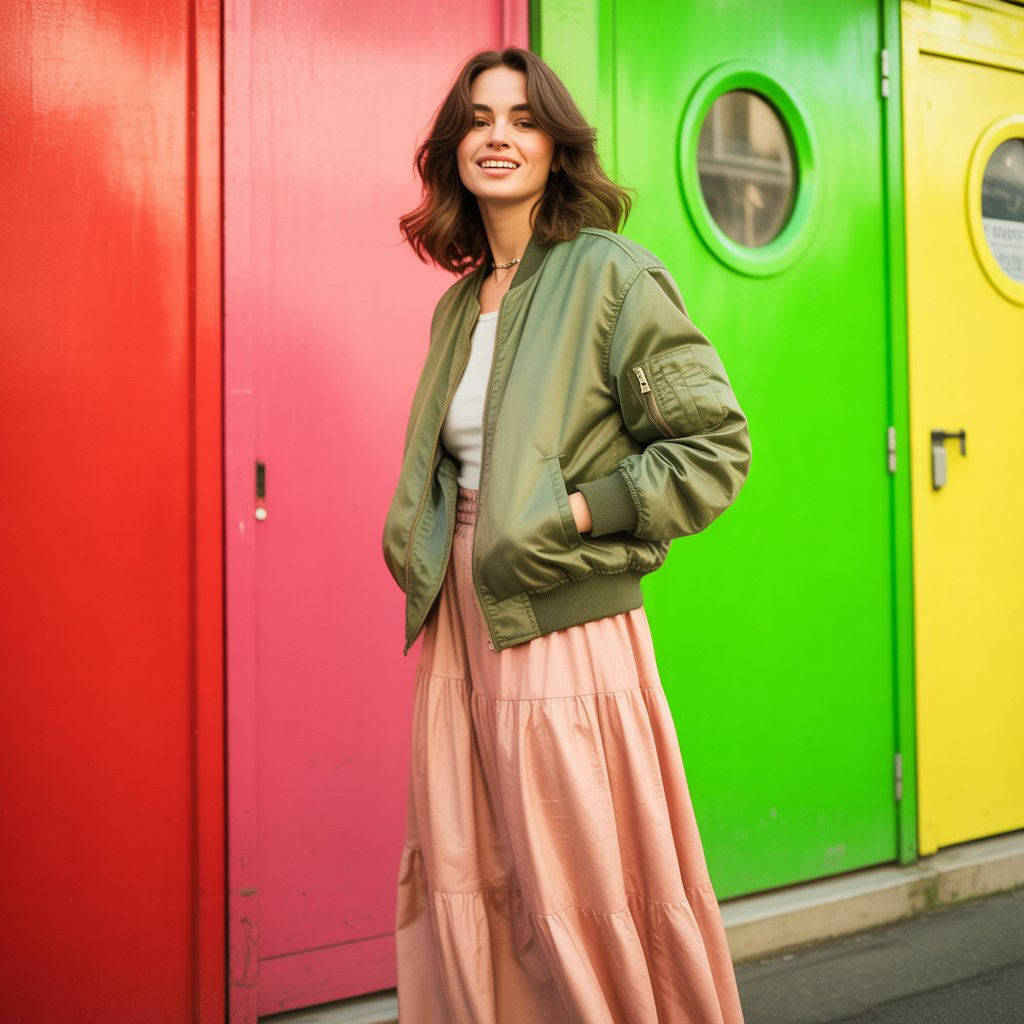 Bomber Jacket with a Maxi Skirt